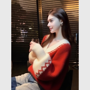 圣诞过年红色毛衣女冬绝美巨好看独特漂亮气质高端软糯针织衫 上衣