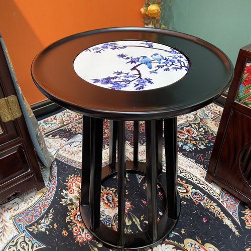 新年榆木多功能旋转圆几瓷板画阳台装饰摆件