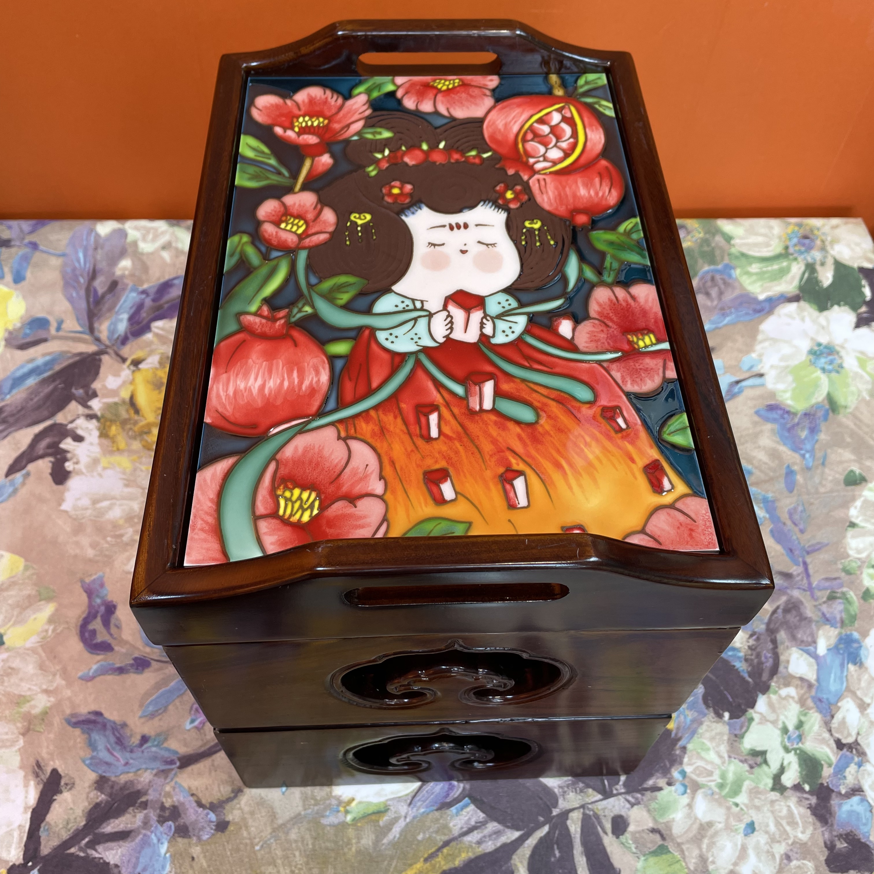 20*30-11双耳多宝玲珑盒文创复古老榆木家庭客厅可收纳装饰摆件图片