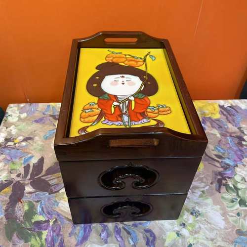 圣诞20*30-11双耳多宝玲珑盒文创复古老榆木家庭客厅收纳装饰摆件