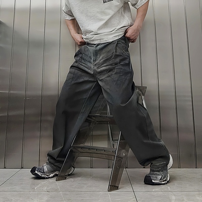 工业风做旧脏脏水洗休闲牛仔裤男春夏潮牌宽松直筒阔腿老爹裤痞帅