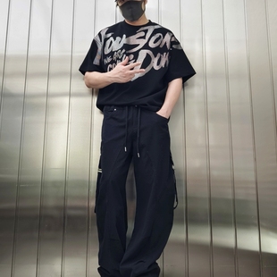 赛博国风潮牌短袖T恤男夏季宽松廓形设计肌理感上衣字母烫银痞帅