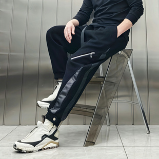 原创设计感潮牌休闲裤男冬季加厚羊毛针织束脚哈伦裤个性拼皮飘带