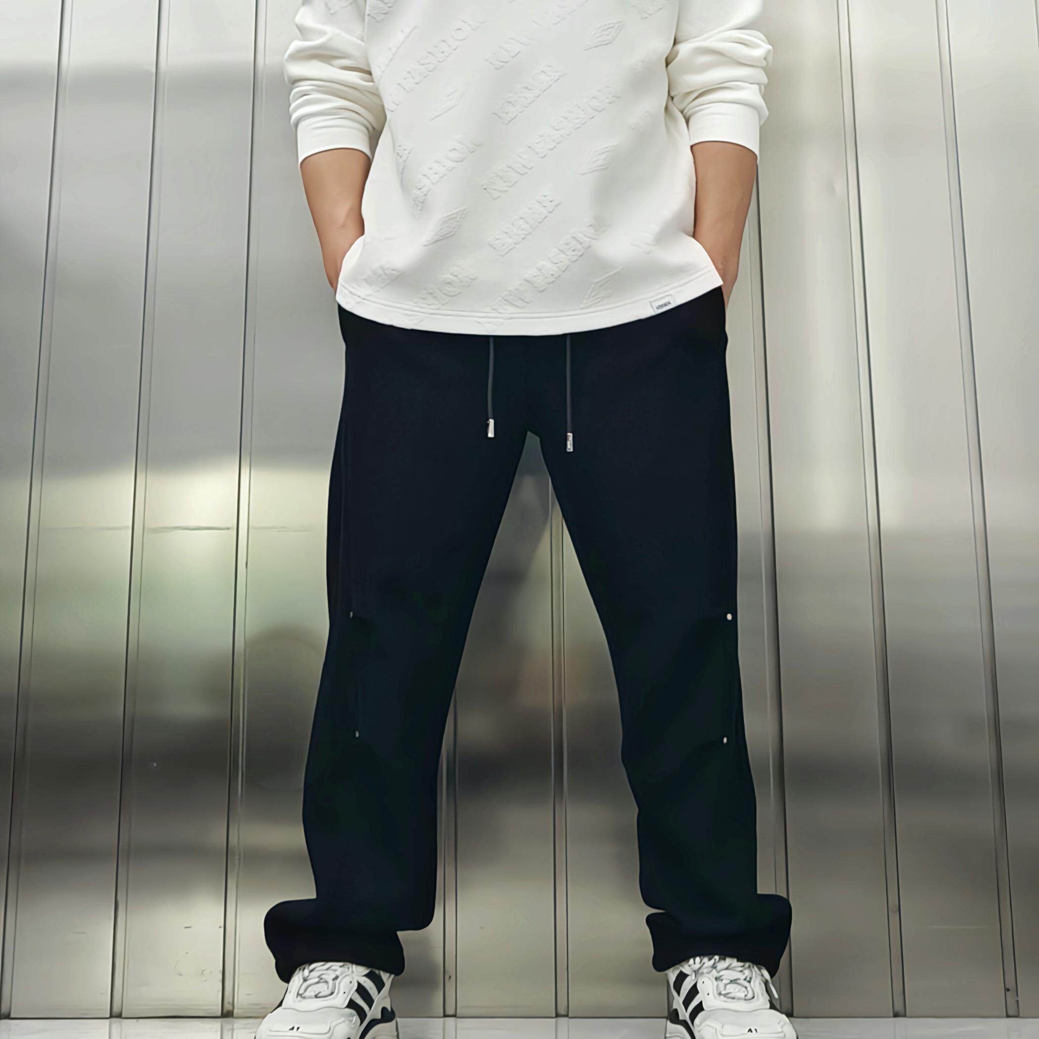 简约高级感潮牌休闲裤男秋冬宽松垂感直筒阔腿针织卫裤分割柳丁帅