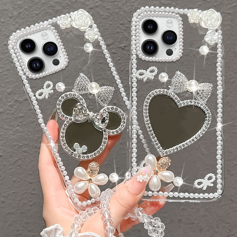 透明水钻补妆镜适用苹果iPhone16promax手机壳新品11保护套14女款6SPLus网红7全包13Mini镶钻X小众XR/2025年