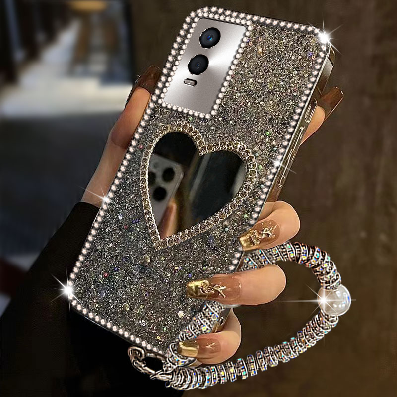 高级镶钻爆闪手机壳，带镜子更方便