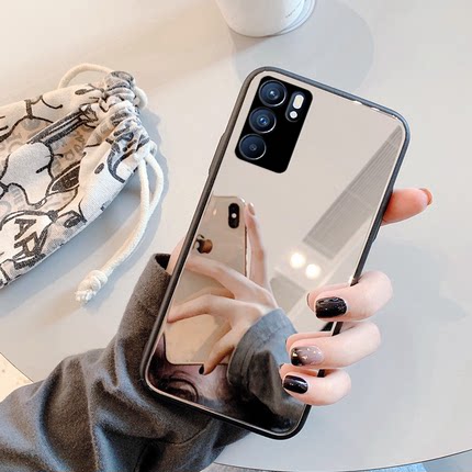 补妆镜子玻璃全镜面适用OPPORENO6PRO十+手机壳reno6潮牌reno5Pro夏天reno7se限量女新款曲面屏re6外壳poop潮