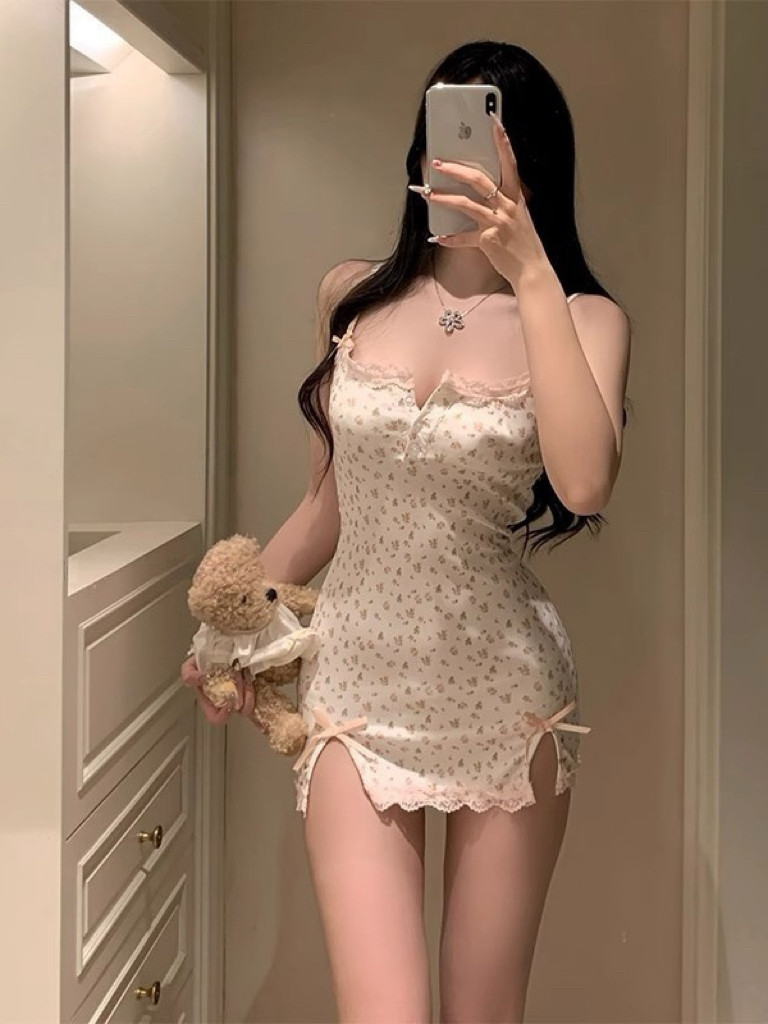 法式复古碎花吊带睡裙带胸垫性感睡衣/家居服套装