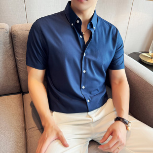 襯衫 輕奢質感竹纖維薄款 男士 短袖 冰絲休閑舒適透氣暗條紋 修身