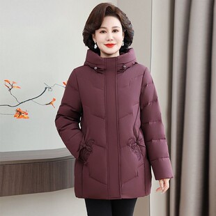 冬季妈妈装羽绒服纯色外套加厚连帽中长款中老年刺绣大码宽松上衣