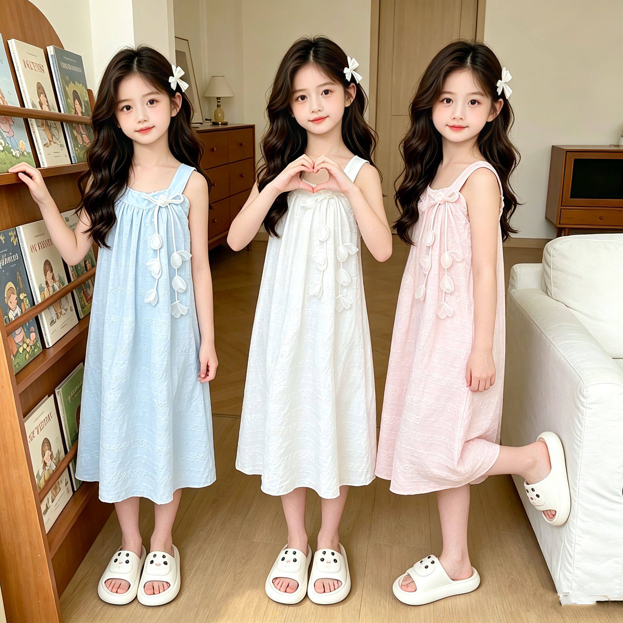 夏季薄款女童睡裙吊带2026新款云朵棉睡衣公主风甜美中大童家居服