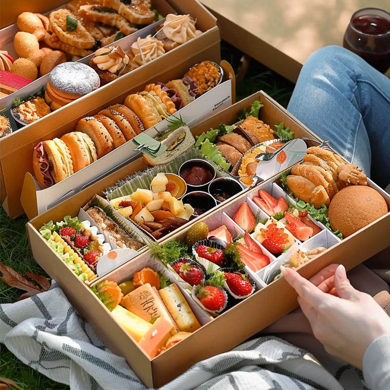 现货大容量牛皮纸野餐烧烤春游露营天地盖户外便当透明开窗打包盒