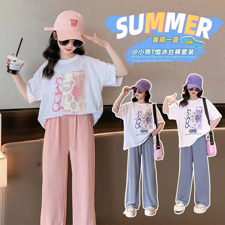 女童短袖套装夏装2025新款儿童洋气直筒裤夏天中大童运动两件套