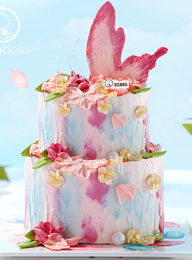 CAKEBOSS蝶向花野双层款浪漫蝴蝶水果奶油生日蛋糕北京同城配送