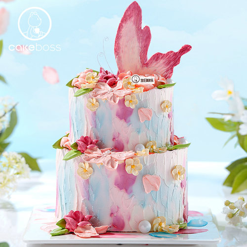 CAKEBOSS蝶向花野双层款浪漫蝴蝶水果奶油生日蛋糕北京同城配送