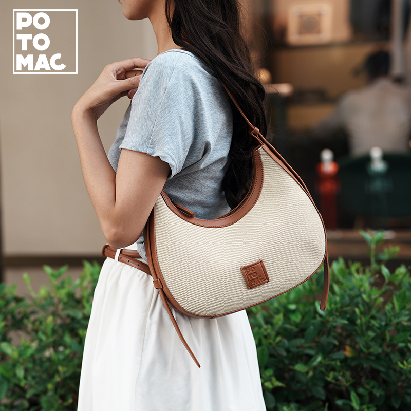 potomac帆布月亮包夏拼接撞色腋下包通勤单肩手提斜跨月牙包女