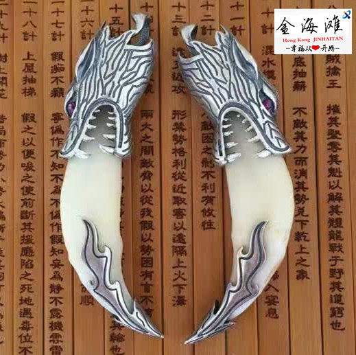 S925纯银狼牙包银套狼头镶钻红眼睛狼狗牙镶嵌银托包银牙套护牙