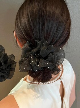 韩版点钻百搭大肠发圈黑色气质复古简约网纱纯色优雅法式超仙头绳