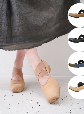 现货UMAWANG手工方头芭蕾舞鞋头层牛皮交叉绑带平底浅口高跟鞋