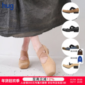 现货UMAWANG手工方头芭蕾舞鞋 头层牛皮交叉绑带平底浅口高跟鞋