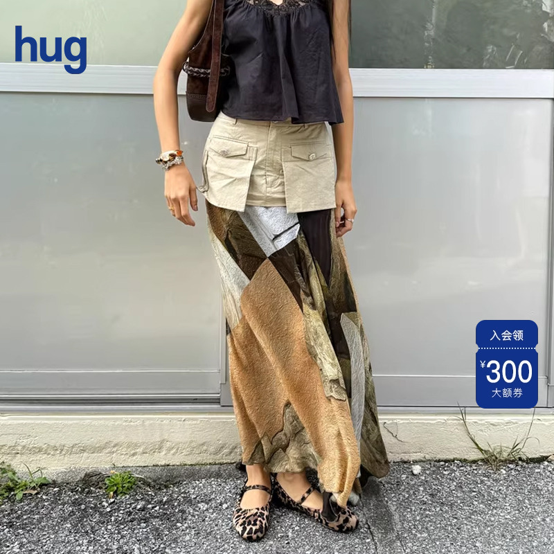 【COTEMP】hug 2025秋冬新款拼色不规则半身裙印花飘逸长裙