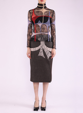 hug 买手店 LOUIS SHENGTAO CHEN 星星分割蕾丝紧身高领拼色上衣