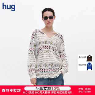【ICE DUST】hug 2026早春新款彩色提花镂空带帽毛衫icedust