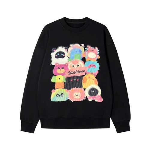 WE11DONE TRACK*25AW美式潮牌彩色小怪兽印花情侣加绒圆领卫衣男