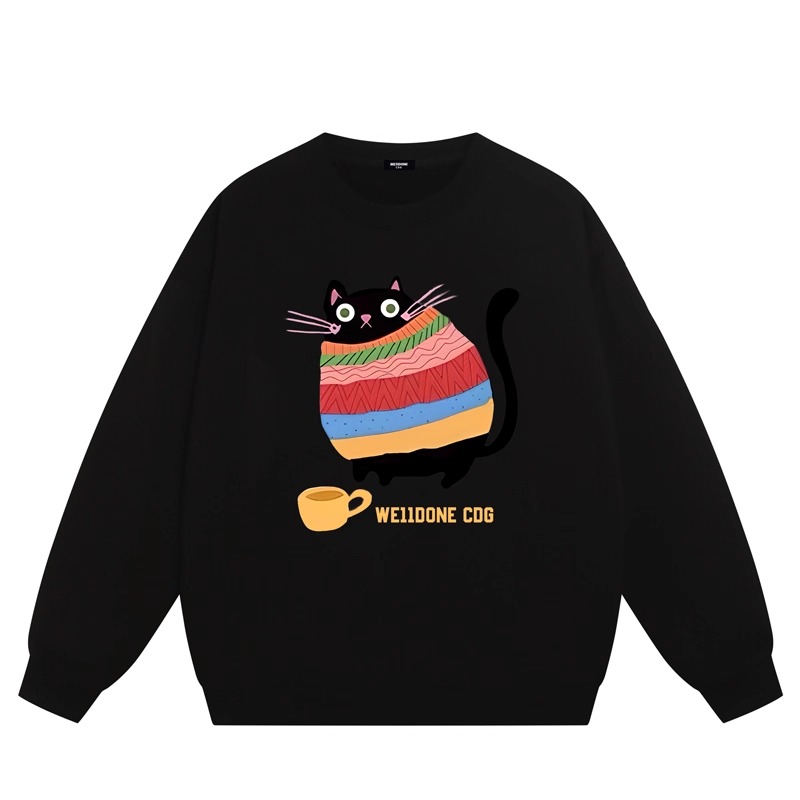 WE11DONE CDG*25AW小众潮牌猫猫印花情侣加绒宽松圆领百搭卫衣男