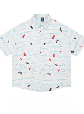 Florki Blur*25SS日系潮牌金鱼满印情侣款夏威夷休闲度假风衬衫男