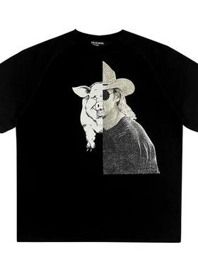 ERD*25ss忧郁富二代人头猪拼接情侣款水洗复古做旧VTG短袖T恤潮牌