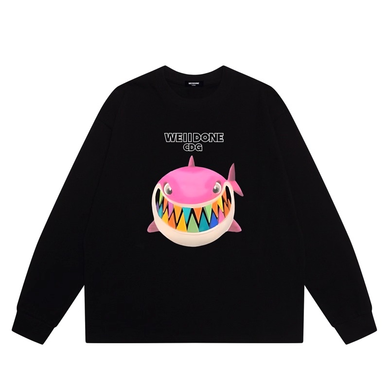 WE11DONE CDG*25AW小众潮牌鲨鱼印花重磅纯棉情侣圆领百搭长袖T恤