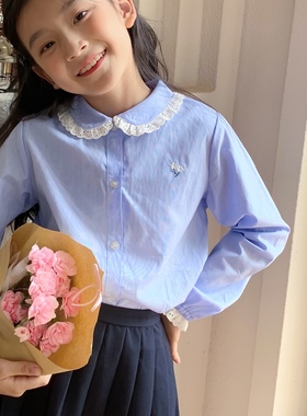 日系皇室秋季新款女童学院风蓝色细条花朵刺绣蕾丝花边领蓝色衬衫