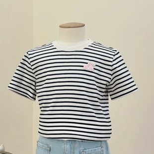 夏季新品女童法式复古黑白条纹基础款樱桃毛巾绣圆领短袖T恤上衣