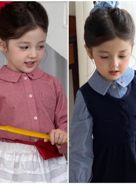 25秋季女童日系皇室高知分子风红色蓝色小格子刺绣内搭衬衫衬衣