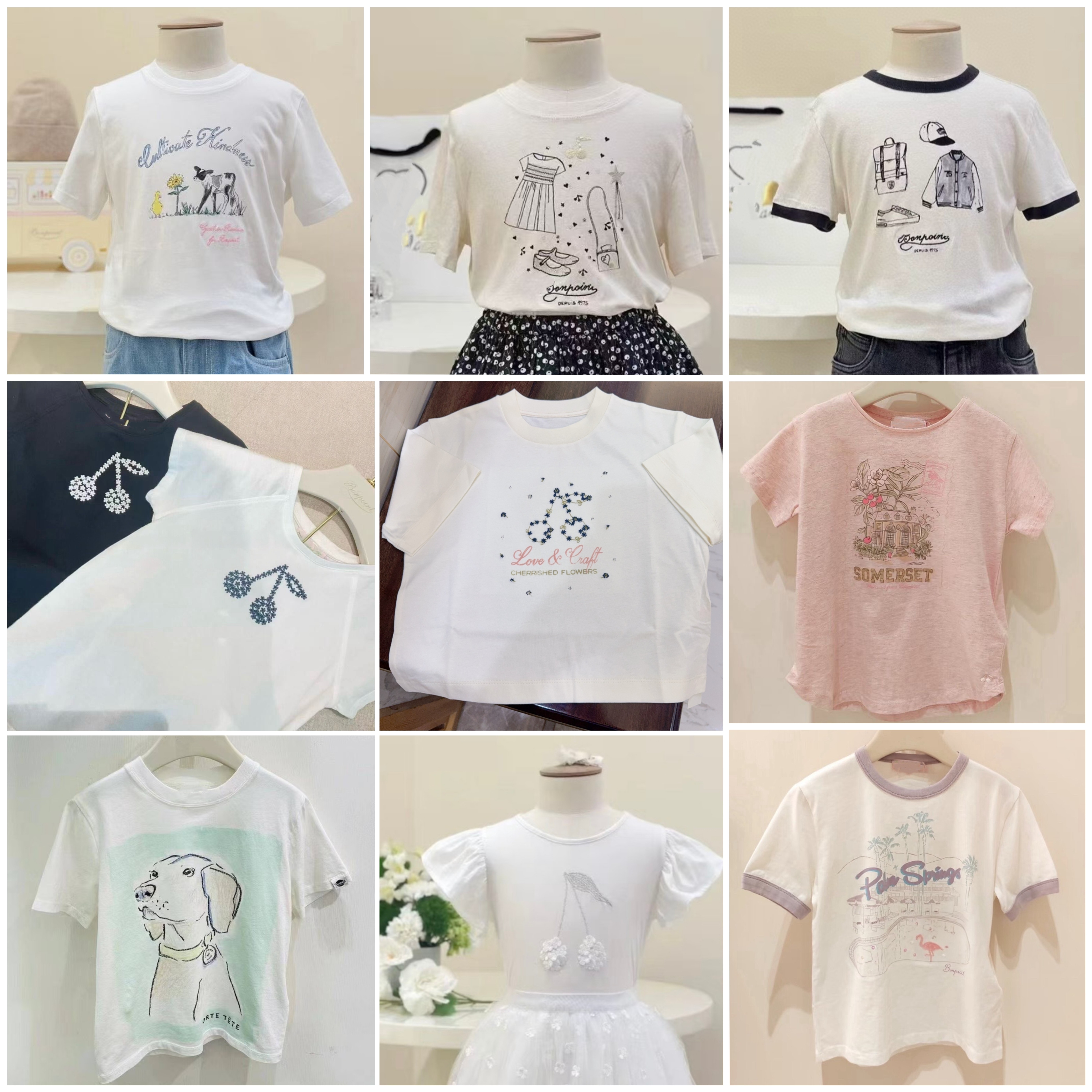 春夏新品法式女童简约时尚刺绣印花白色粉色短袖T恤圆领纯棉上衣