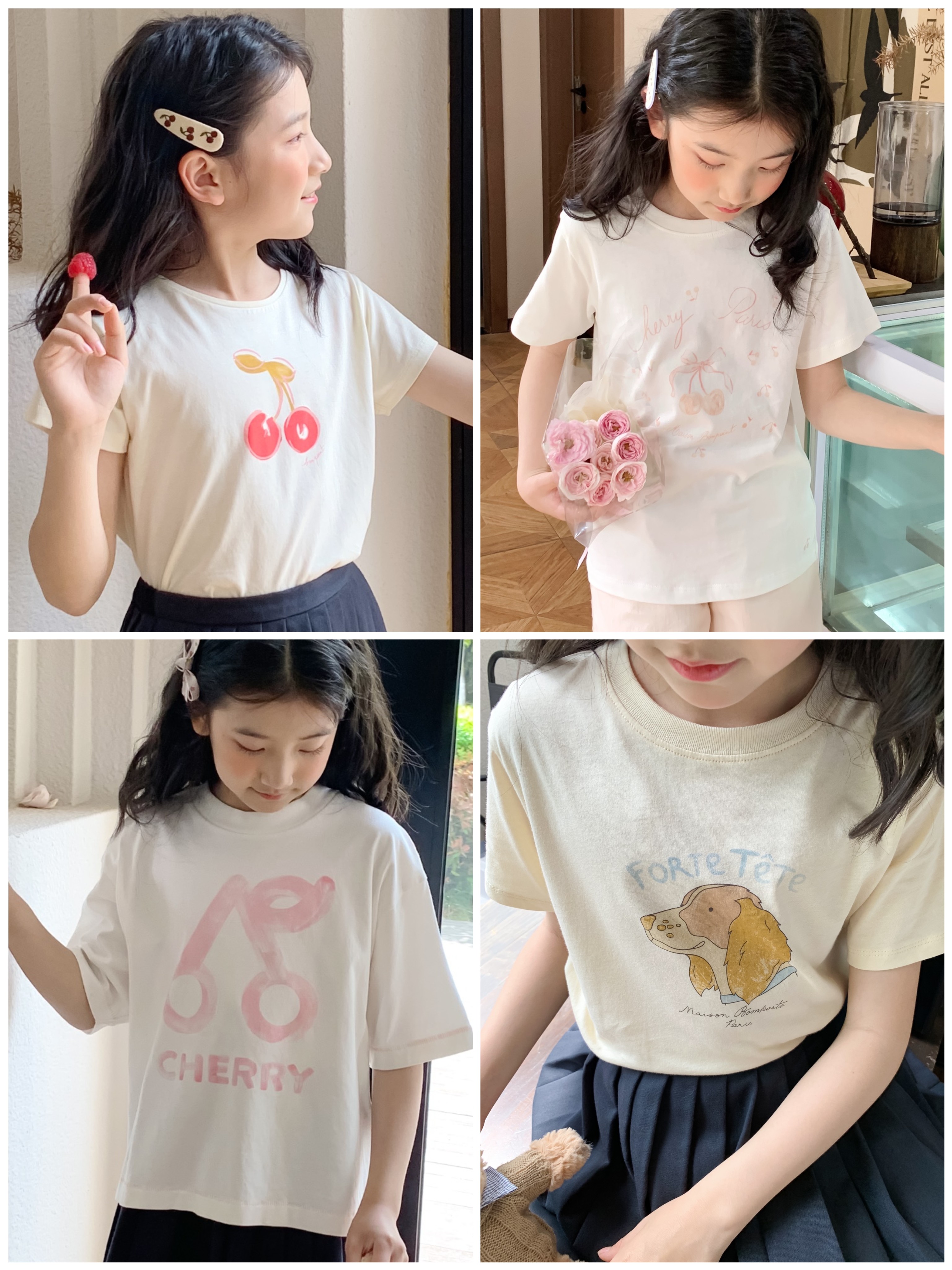 26夏季新品 女童法式环保手绘印花粉色樱桃狗狗卡通蝴蝶结短袖T恤