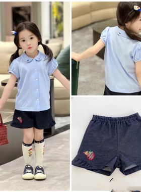 日系皇室 女童学院风狗狗刺绣蓝色短袖衬衫T恤+草莓刺绣牛仔短裤