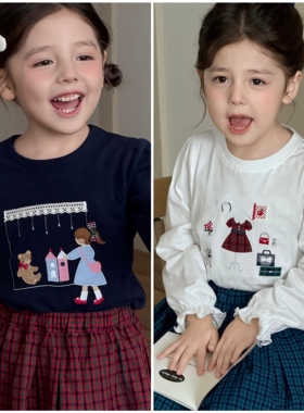 早秋新品日系皇室女童狗狗熊熊小女孩刺绣印花藏青白色长袖T恤