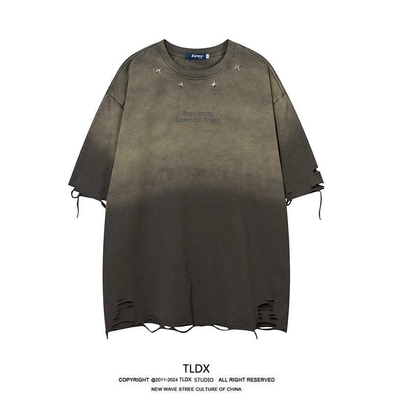 美式复古水洗渐变破烂短袖t恤