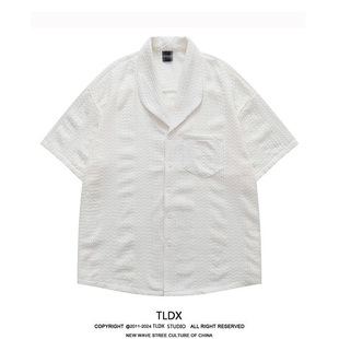 TLDX高级设计感纯色纹理翻领衬衫 衬衣 男女夏季 复古英伦风宽松短袖