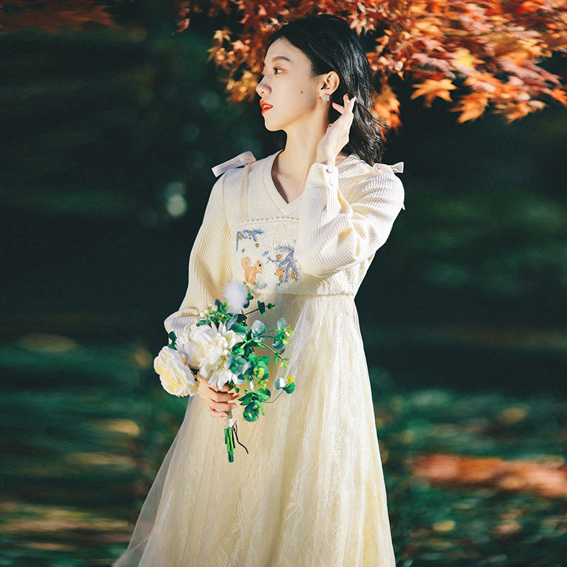 松花酿酒  微笑向暖改良刺绣假两件汉服裙连衣裙女冬季网纱仙女裙