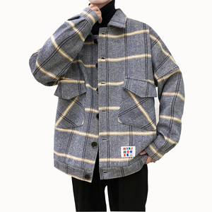 格子加厚呢料夹克秋冬季大码宽松日系呢大衣男棉衣外套 J916  P90图片