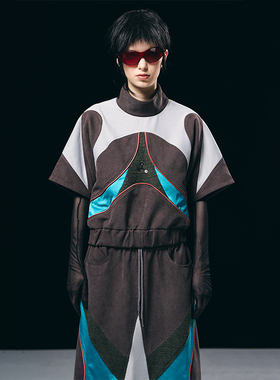 BORON ATOMS 原创设计感撞色拼接刺绣LOGO运动套装宽松短袖上衣