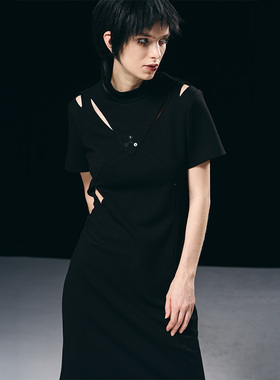 BORON ATOMS 23SS镂空刺绣立领短袖连衣裙黑色修身中长裙