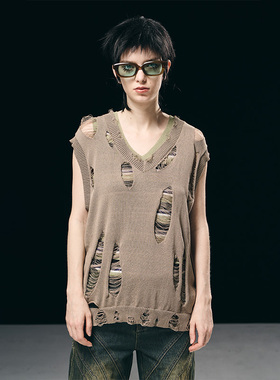 BORON ATOMS 23SS 两件套破坏工艺针织条纹背心宽松无袖上衣