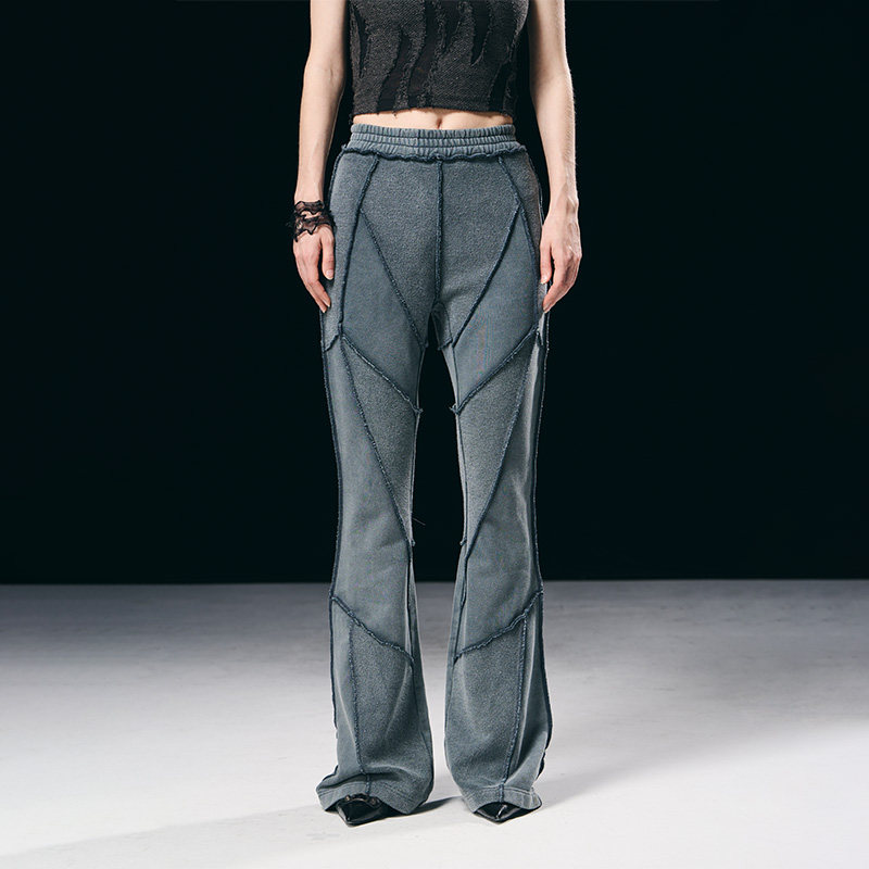 正反拼接毛边洗水做旧卫裤