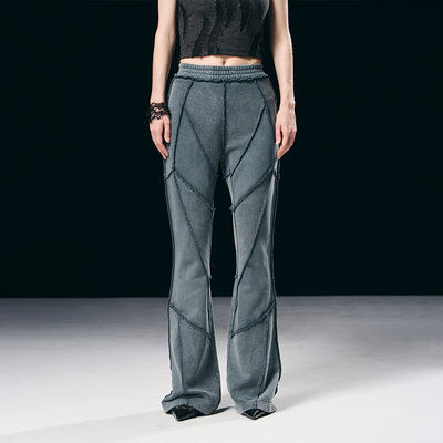 正反拼接毛边洗水做旧卫裤