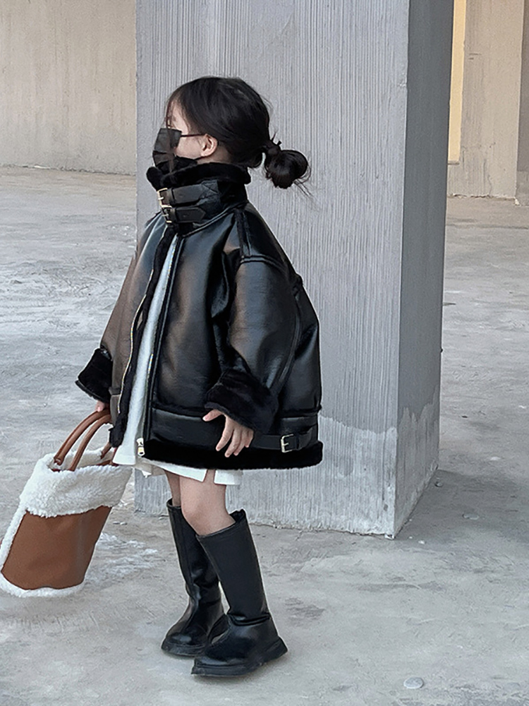 冬季女童韩版加绒加厚机车服外套