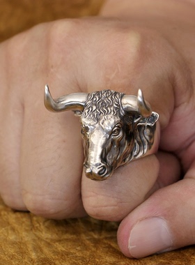 男士925银朋克复古野牛戒指